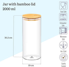 Wilmax Vorratsglas mit Deckel, 2er-Set, 2000 ml, Glas & Bambus, WL-888510/A2