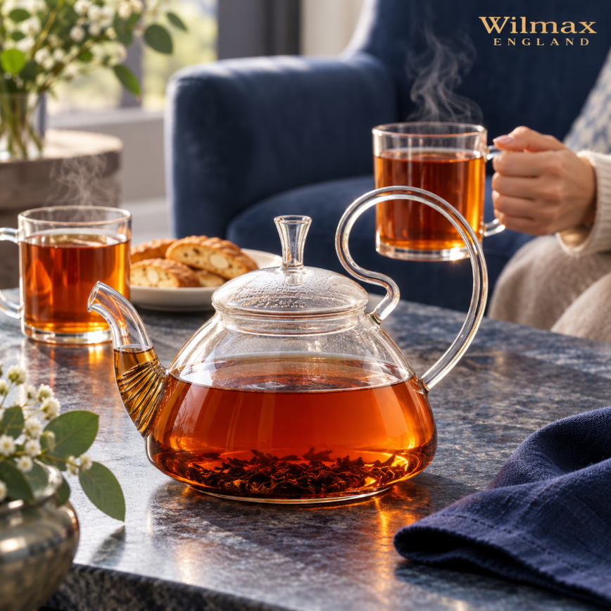 Wilmax Teekanne 800 ml mit Federfilter und Glasdeckel Transparent aus Thermoglas