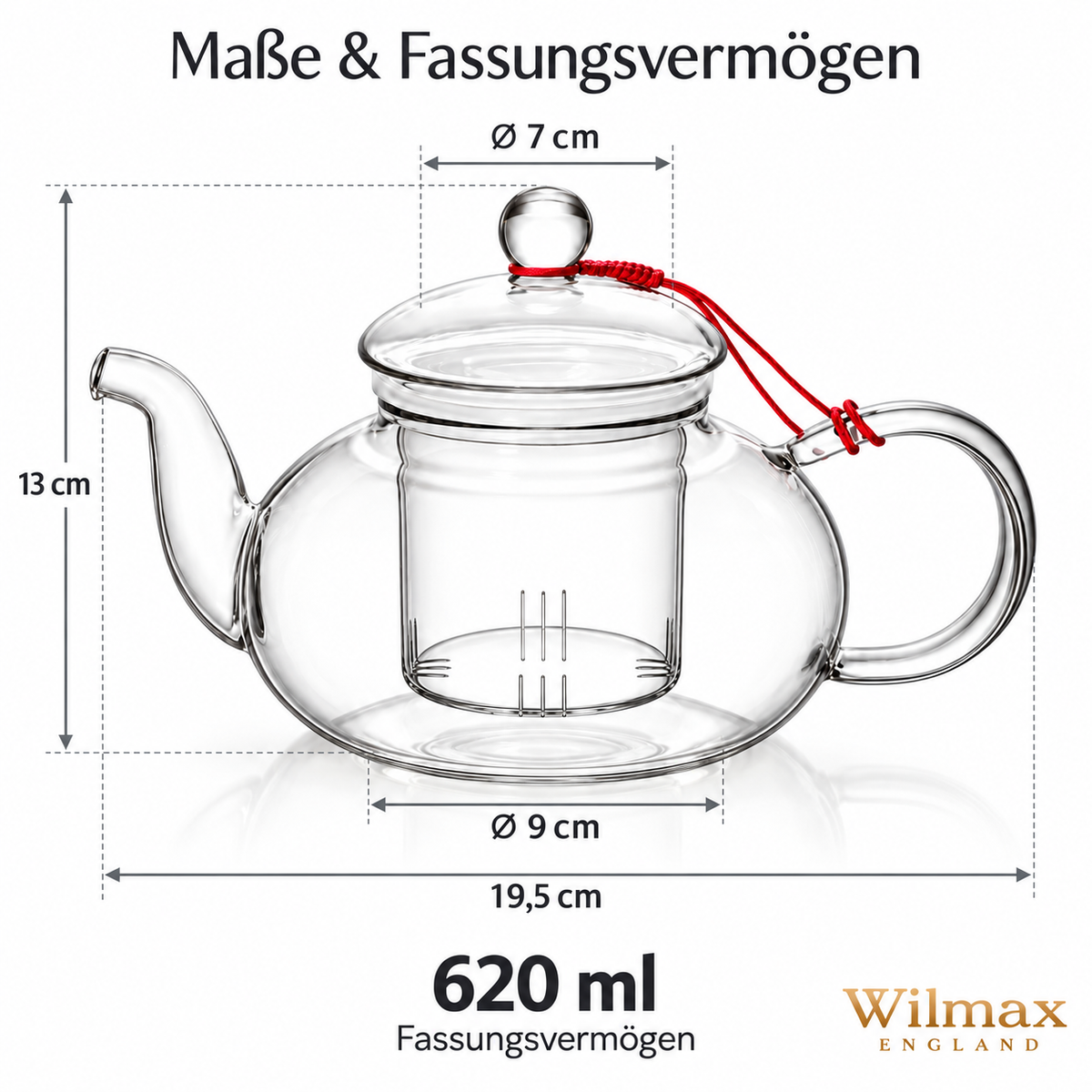 Wilmax Teekanne 620 ml mit Glasfilter Transparent aus Thermoglas