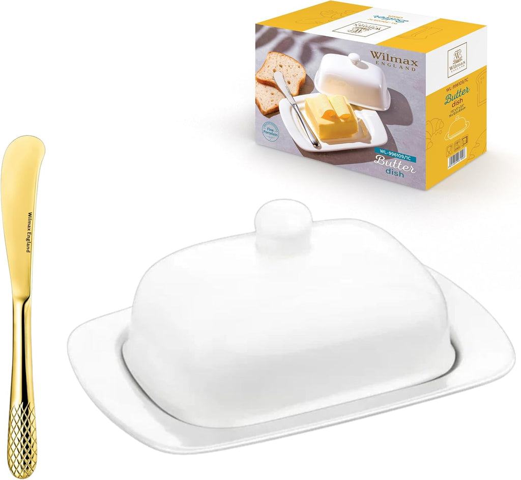 Wilmax Servierset 2-teilig mit Butterdose 19 cm mit goldfarbenem Messer Weiß aus Porzellan