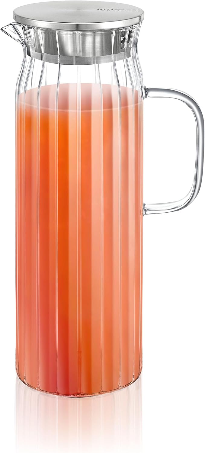Wilmax Getränkeset 7-teilig mit Krug 1500 ml mit Edelstahldeckel und 6 geriffelte Gläser 300 ml