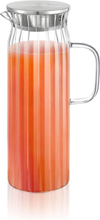 Wilmax Getränkeset 7-teilig mit Krug 1500 ml mit Edelstahldeckel und 6 hitzebeständige Glasbecher mit Henkel 400 ml aus Glas