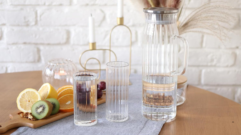 Wilmax Getränkeset 7-teilig mit Krug 1500 ml mit Edelstahldeckel und 6 Gläser 350 ml