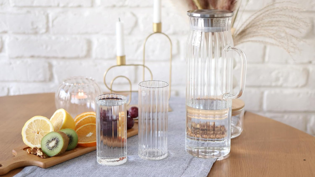 Wilmax Getränkeset 7-teilig mit Krug 1500 ml mit Edelstahldeckel und 6 Gläser 350 ml