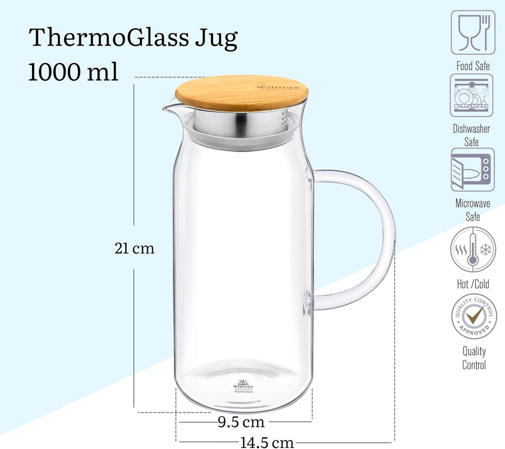 Wilmax Karaffe 1000 ml Thermoglas mit Bambusdeckel Transparent WL-888207/A