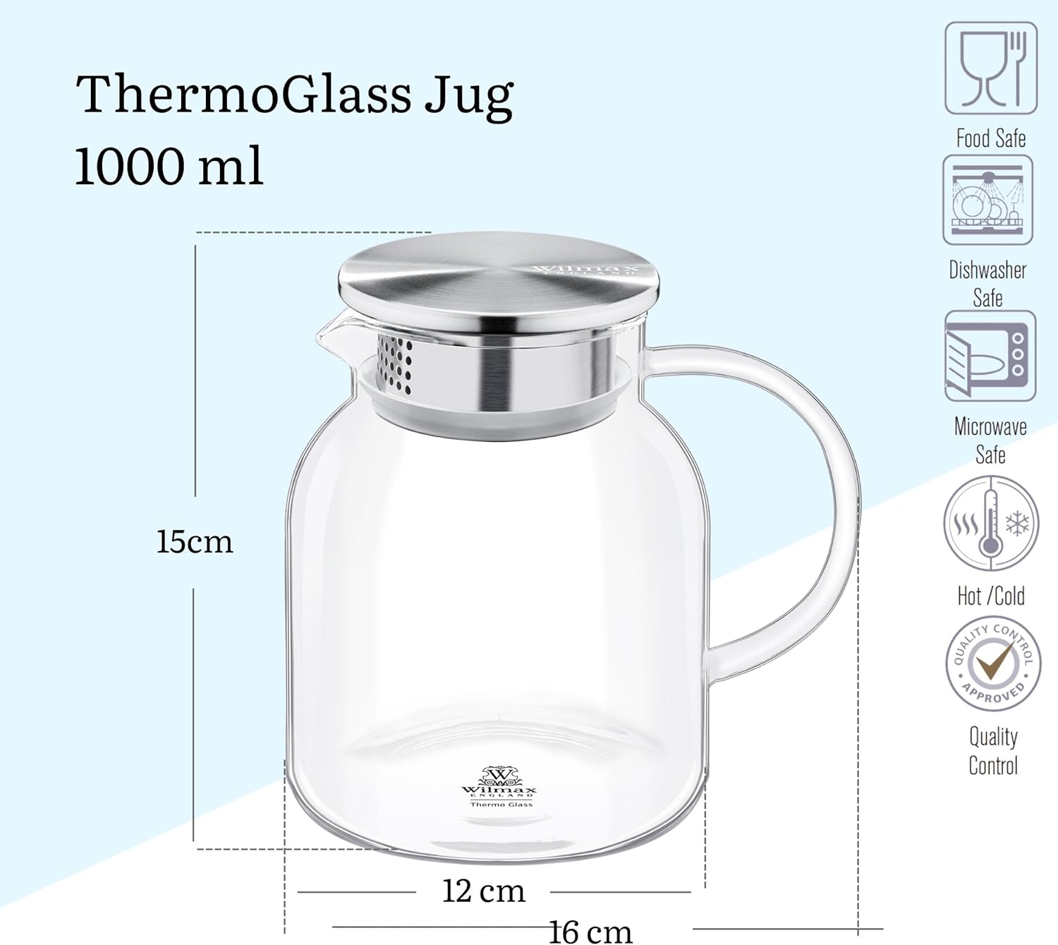 Wilmax Karaffe 1000 ml Thermoglas mit Edelstahl Deckel Transparent WL-888213/A