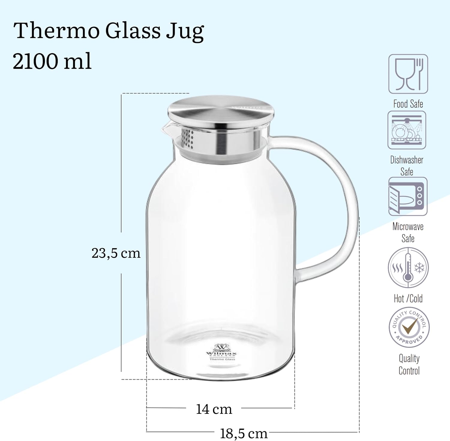 Wilmax Krug 2100 ml Thermoglas mit Edelstahl Deckel Transparent WL-888214/A