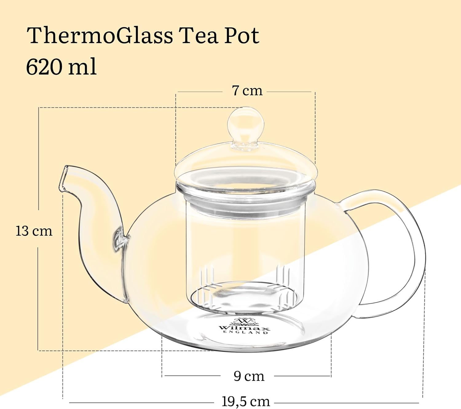 Wilmax | Teekanne Glas mit Siebeinsatz | 620 ML | Teapot | Teezubereiter für losen Tee | Glaskanne für Teeblumen | Kanne mit Deckel & Sieb aus Glas | Spülmaschinenfest | Tropffrei