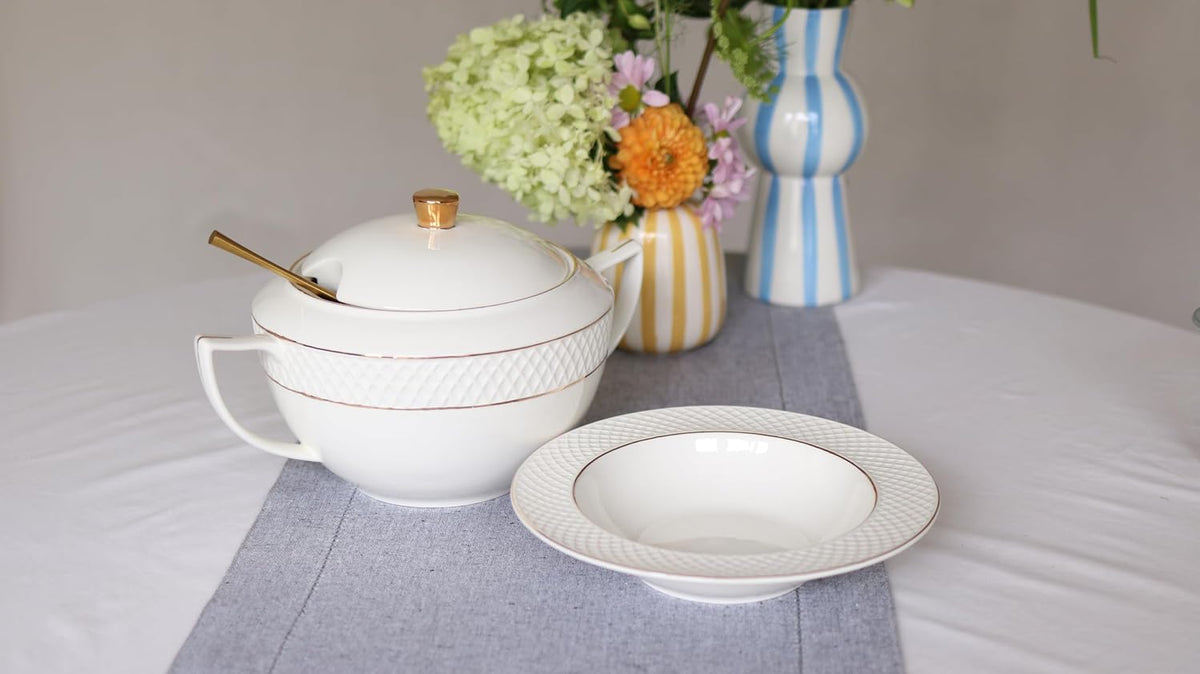 Wilmax Tiefer Teller 22,5 cm 2er-Set Weiß mit Goldrand aus Porzellan