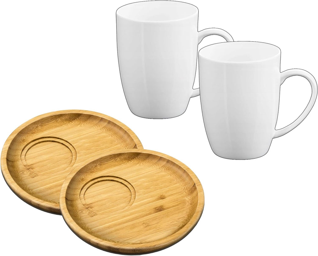 Wilmax Servierset 4-teilig mit Bambustellern 17,5 cm und Porzellanbechern 460 ml