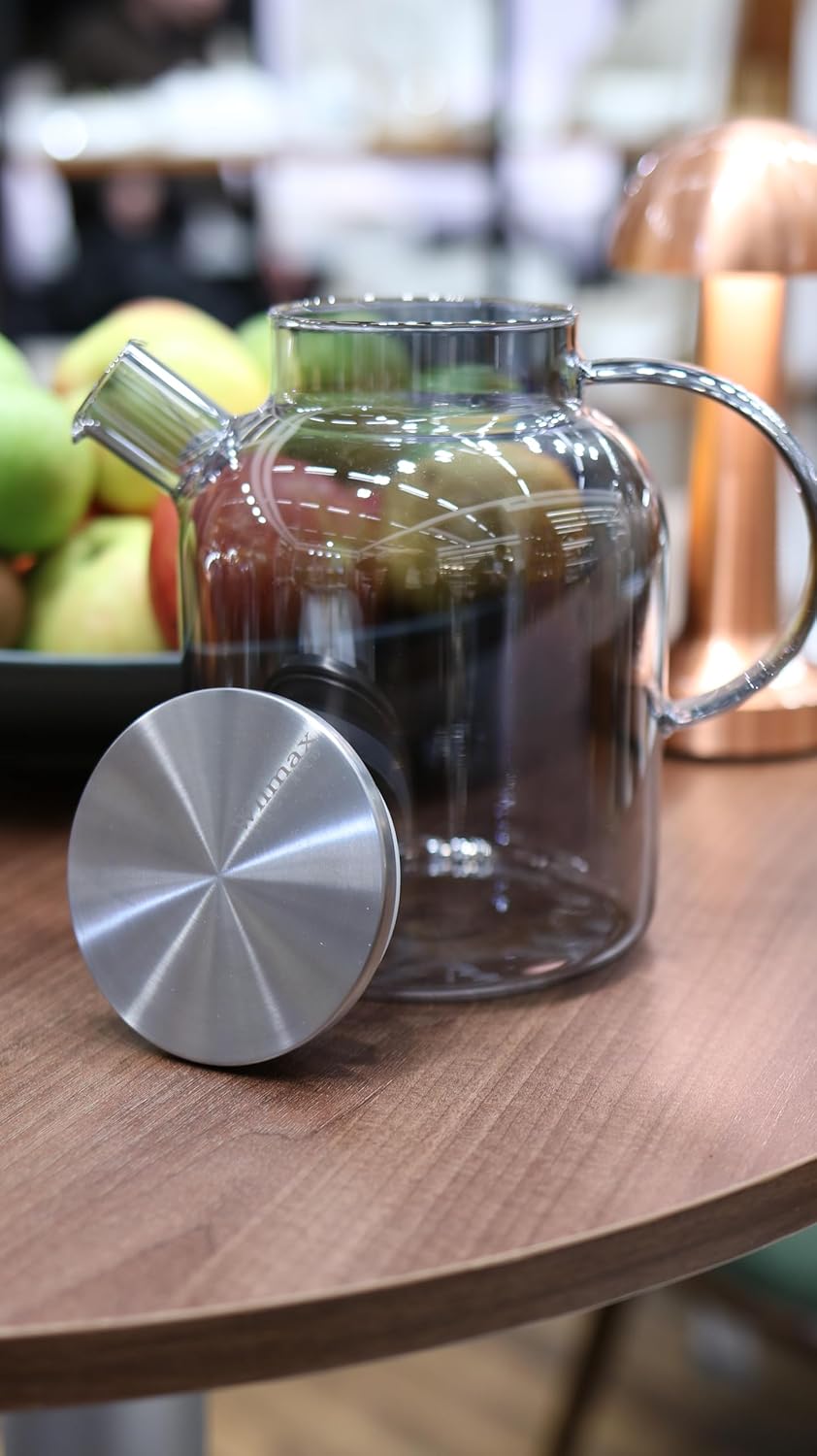 Wilmax Teekanne 1600 ml mit Federfilter und mit Edelstahldeckel Rauchgrau aus Thermoglas