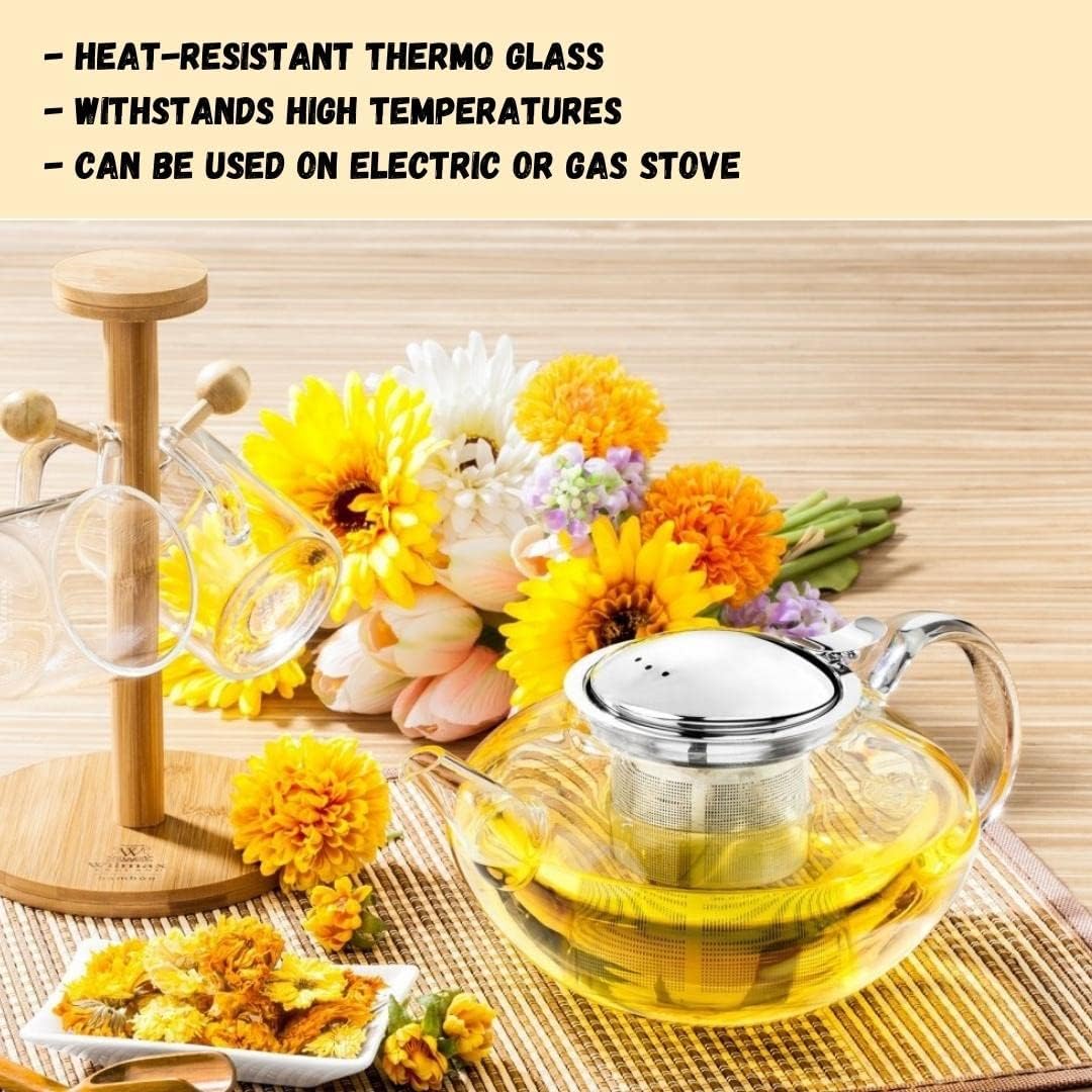 Wilmax Teekanne 1050 ml mit Edelstahlfilter Transparent aus Thermoglas