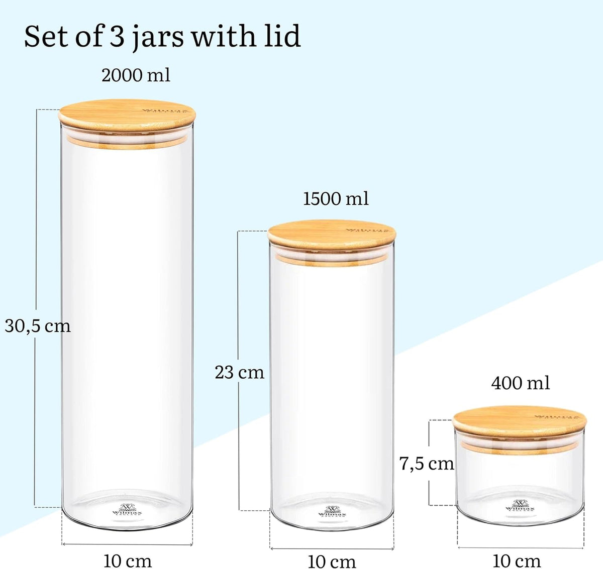 Wilmax Vorratsglas mit Bambusdeckel 3er-Set