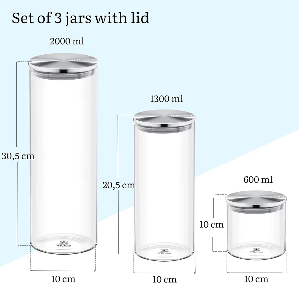 Wilmax Vorratsglas Set mit Edelstahldeckel 3er Set WL-888512/A-516/A-520/A