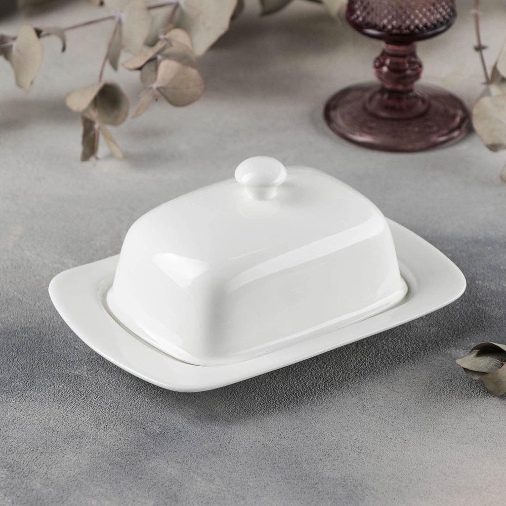 Wilmax Servierset 2-teilig mit Butterdose 19 cm mit goldfarbenem Messer Weiß aus Porzellan