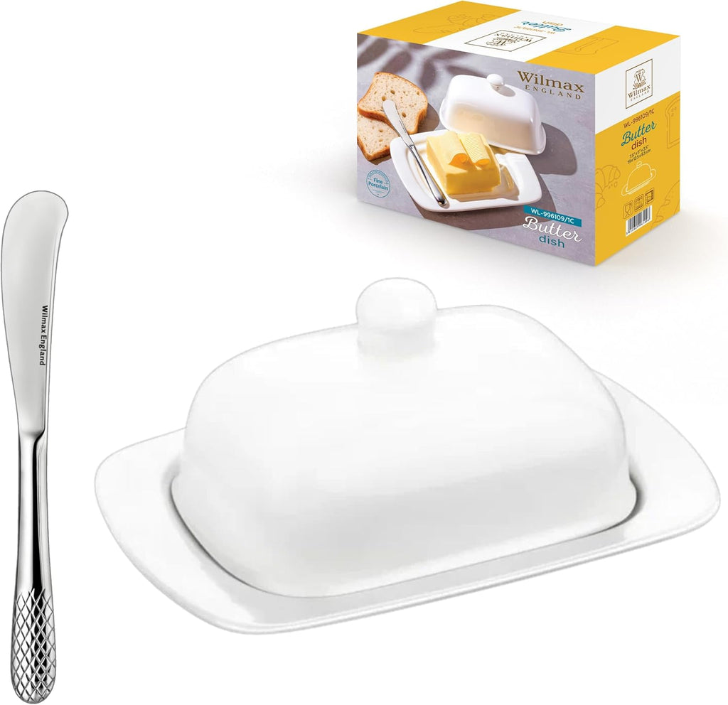 Wilmax Servierset 2-teilig mit Butterdose 19 cm mit Edelstahlmesser Weiß aus Porzellan