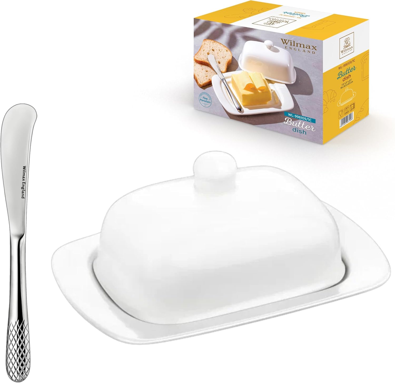 Wilmax Servierset 2-teilig mit Butterdose 19 cm mit Edelstahlmesser Weiß aus Porzellan