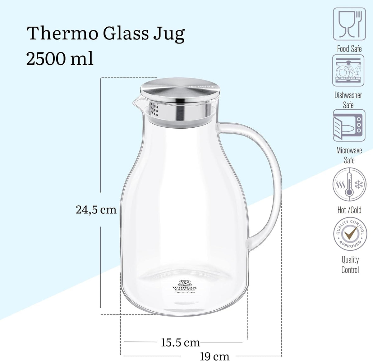 Wilmax Getränkeset 7-teilig mit Krug 2500 ml mit Edelstahldeckel und Filter und 6 gehämmerte Trinkgläser 450 ml