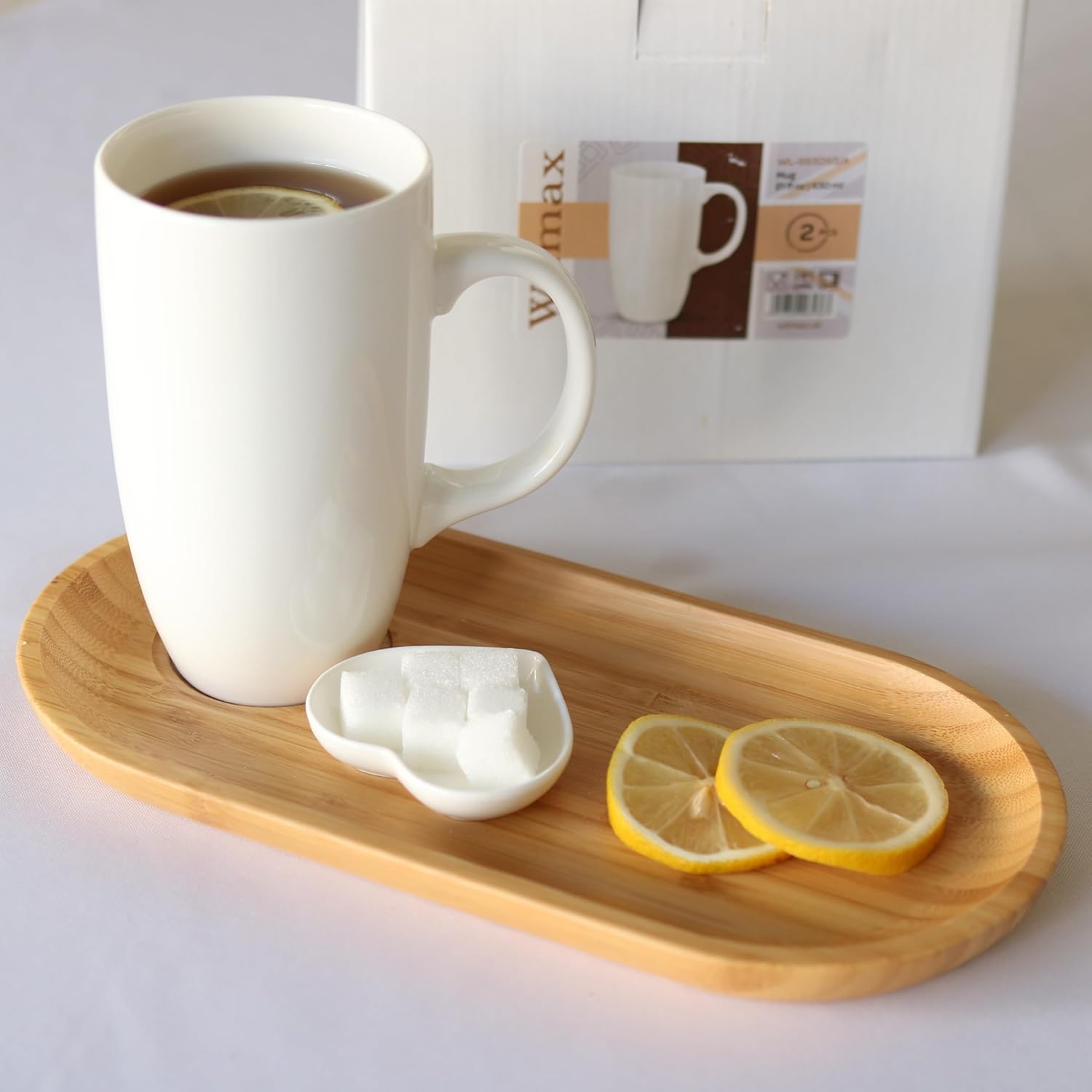 Wilmax Servierset 4-teilig mit Bambustellern 30,5 × 15 cm und Porzellanbechern 630 ml