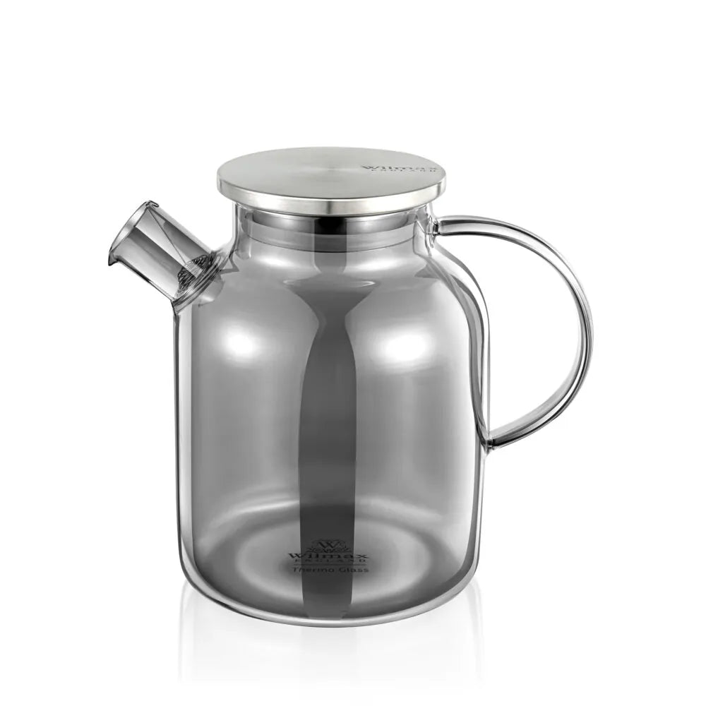 Wilmax Teekanne 1600 ml mit Federfilter und mit Edelstahldeckel Rauchgrau aus Thermoglas