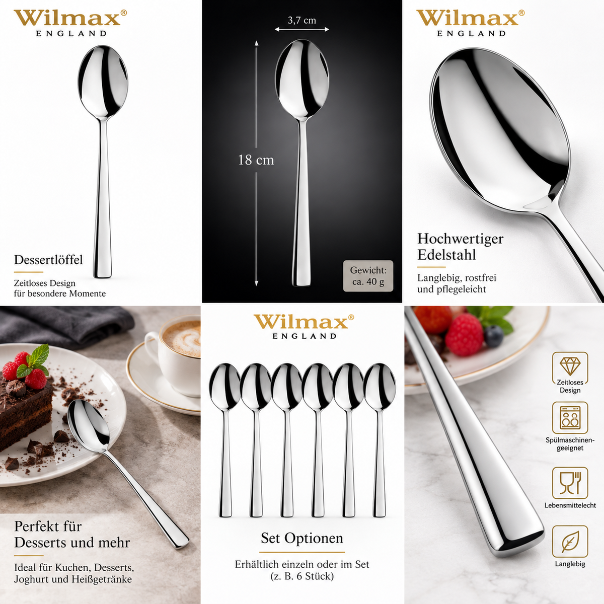 Wilmax Dessertlöffel 18 cm Silber aus Edelstahl