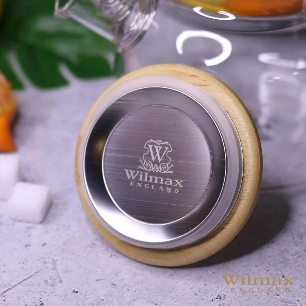 Wilmax Teekanne 1100 ml mit Federfilter und Bambusdeckel Transparent aus Thermoglas