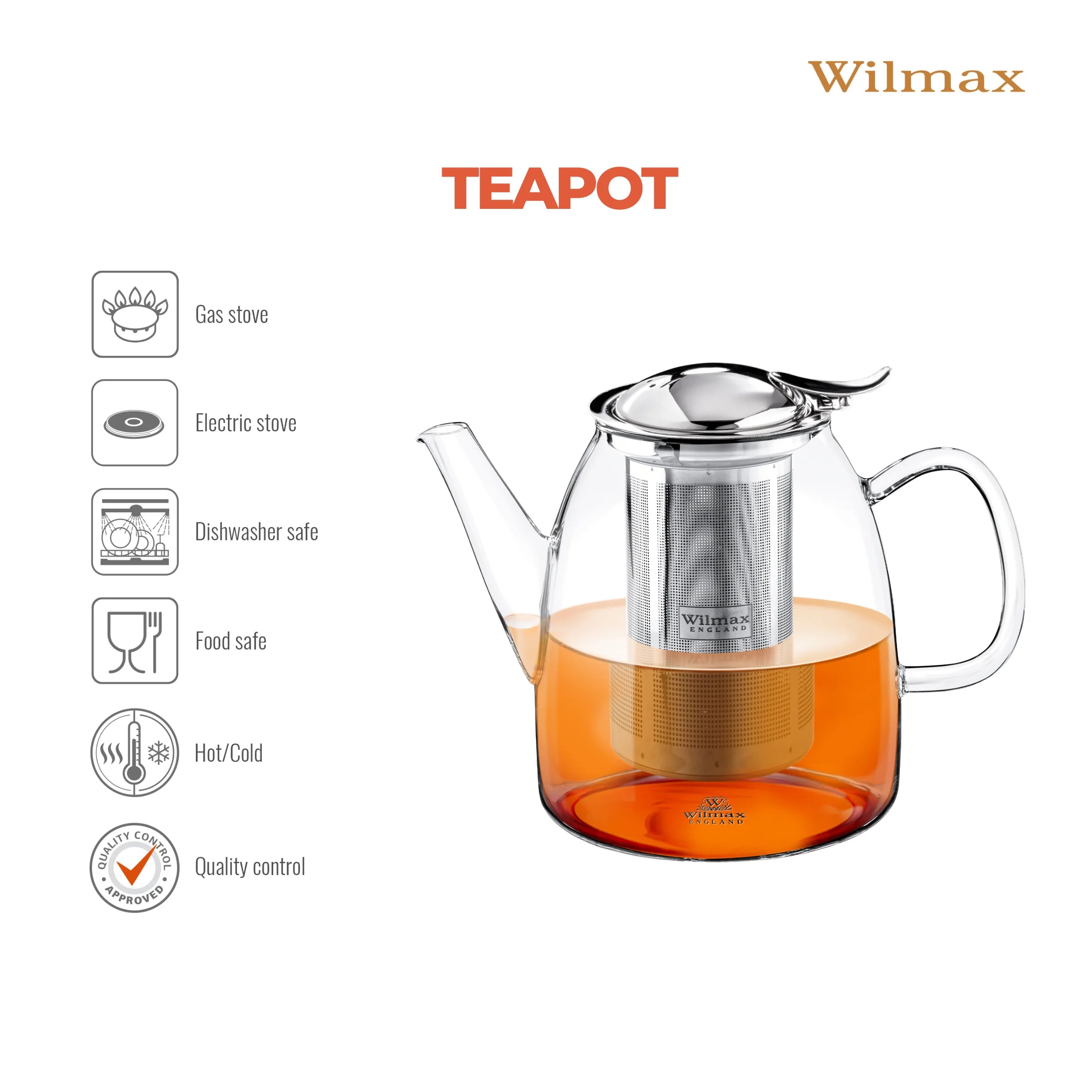 Wilmax Teekanne 600 ml mit Edelstahlfilter Transparent aus Thermoglas
