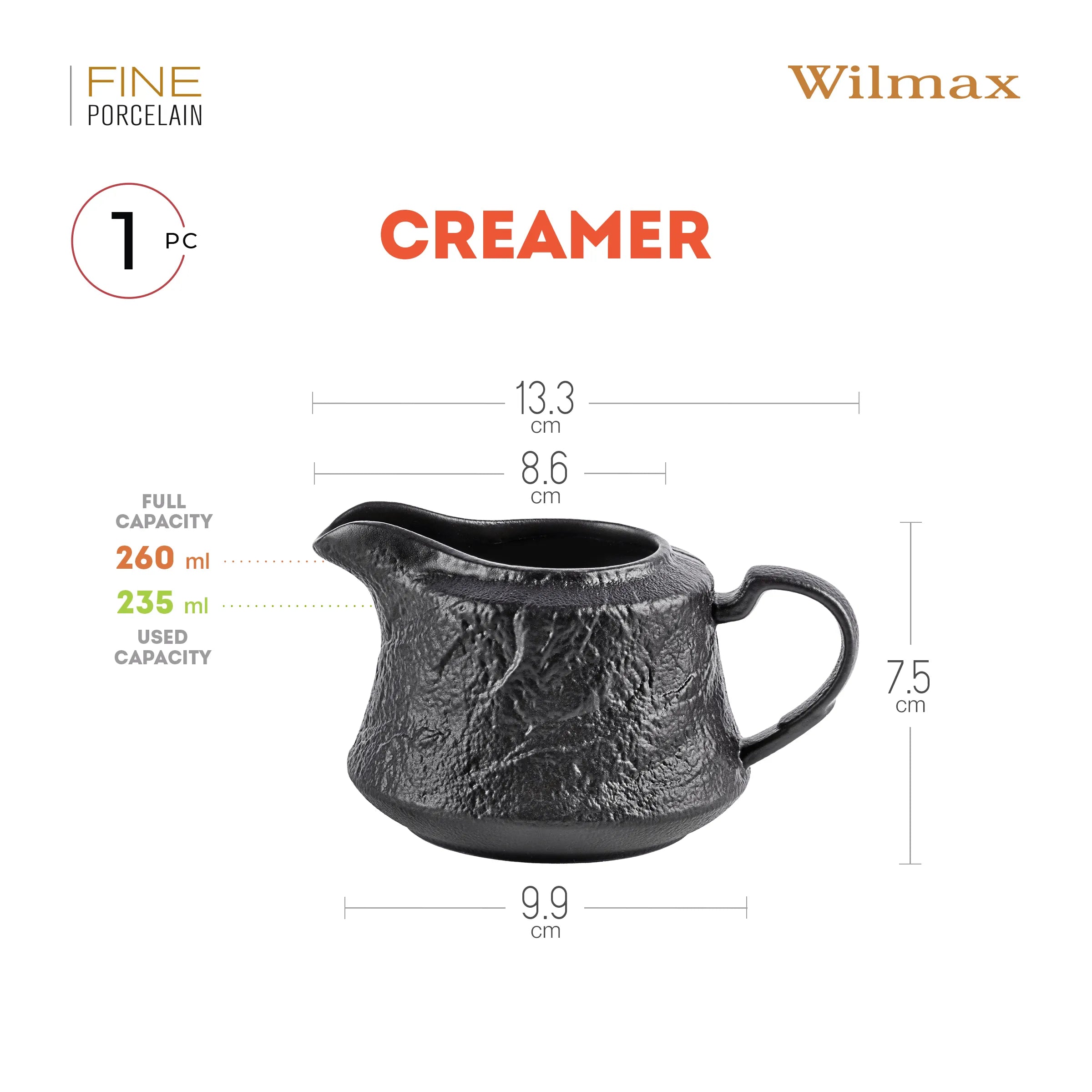 Wilmax Sahnekännchen 260 ml Schwarz aus Porzellan