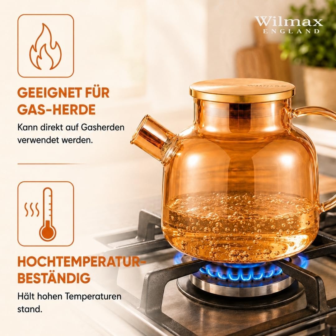 Wilmax Teekanne 1200 ml mit Federfilter und mit Edelstahldeckel Gold aus Thermoglas