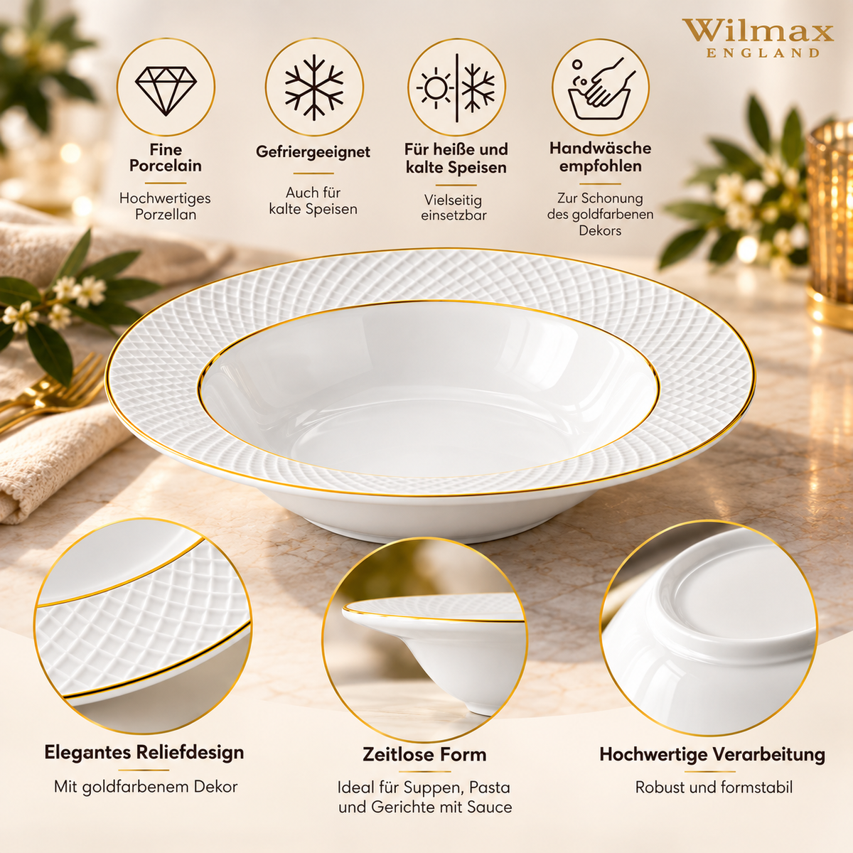 Wilmax Tiefer Teller 22,5 cm 6er-Set Weiß mit Goldrand aus Porzellan