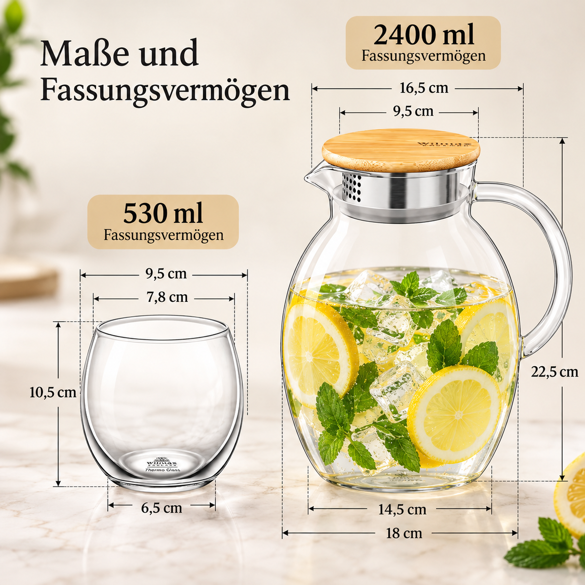 Wilmax Getränkeset 7-teilig mit Krug 2400 ml mit Bambusdeckel und Filter und 6 Thermogläser 530 ml