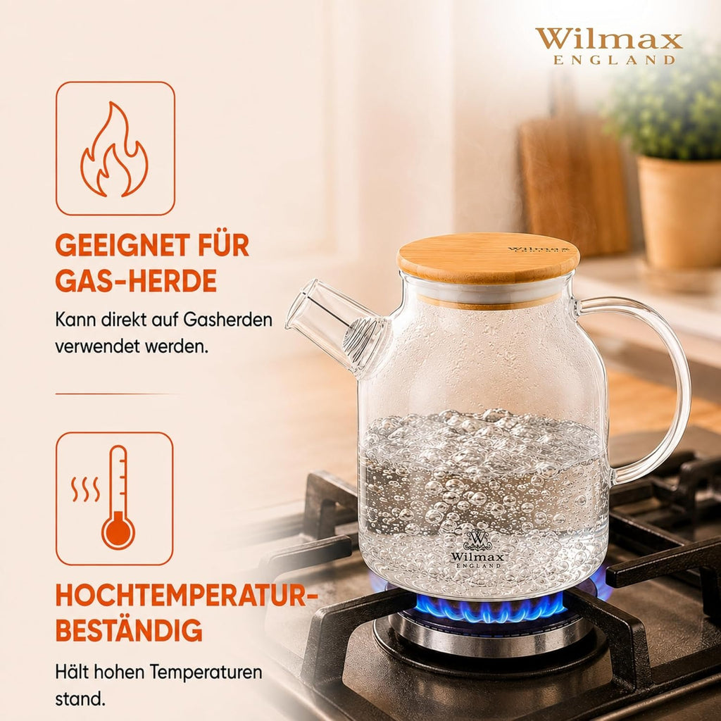 Wilmax Teekanne 1600 ml mit Federfilter und Bambusdeckel Transparent aus Thermoglas