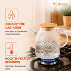 Wilmax Teekanne 1600 ml mit Federfilter und Bambusdeckel Transparent aus Thermoglas
