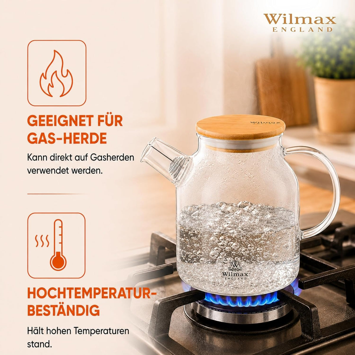 Wilmax Teekanne 1600 ml mit Federfilter und Bambusdeckel Transparent aus Thermoglas