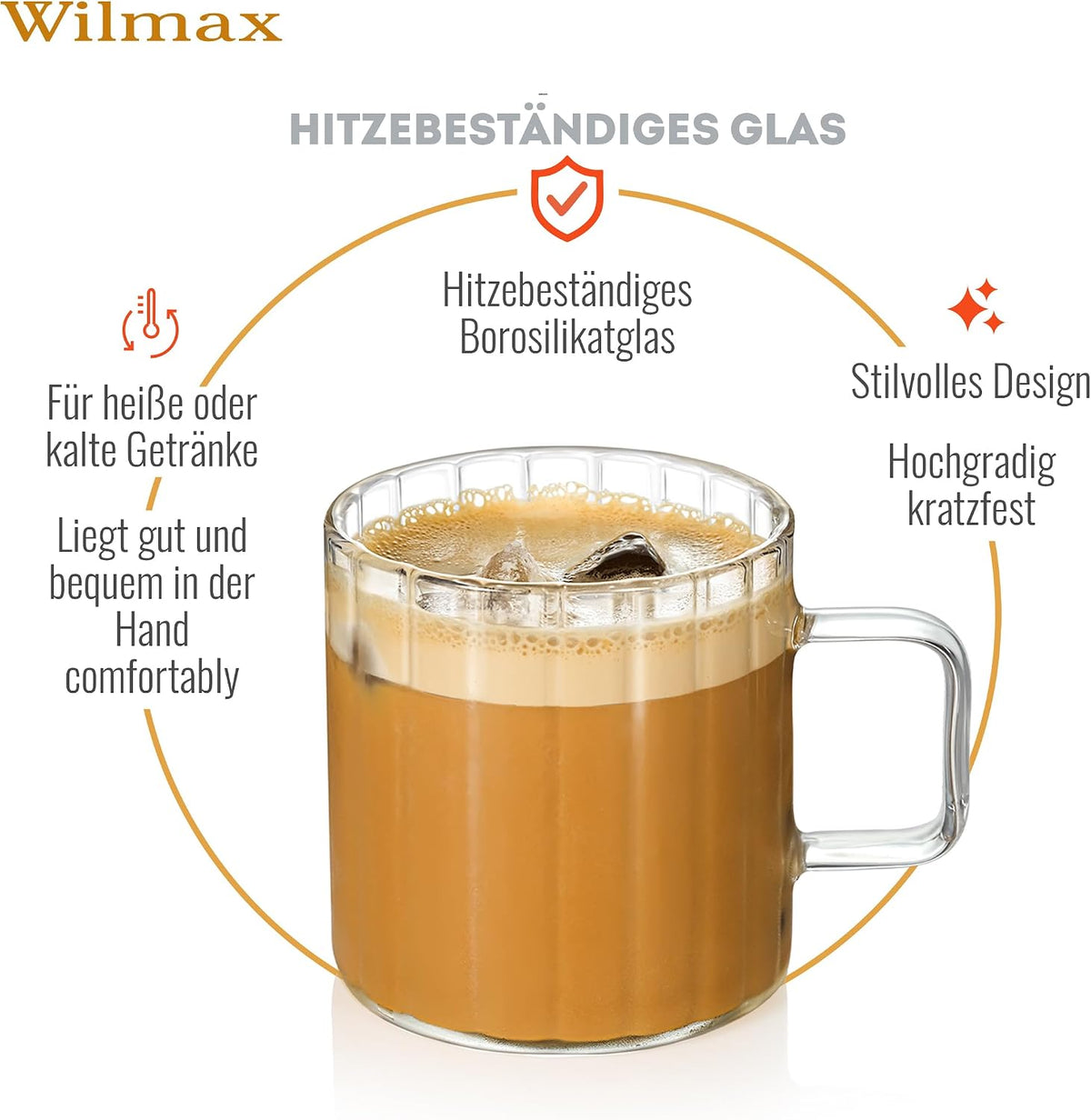 Wilmax Hitzebeständiger Glasbecher mit Henkel 400 ml 6er-Set aus Glas