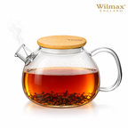 Wilmax Teekanne 1500 ml mit Federfilter und Bambusdeckel Transparent aus Thermoglas