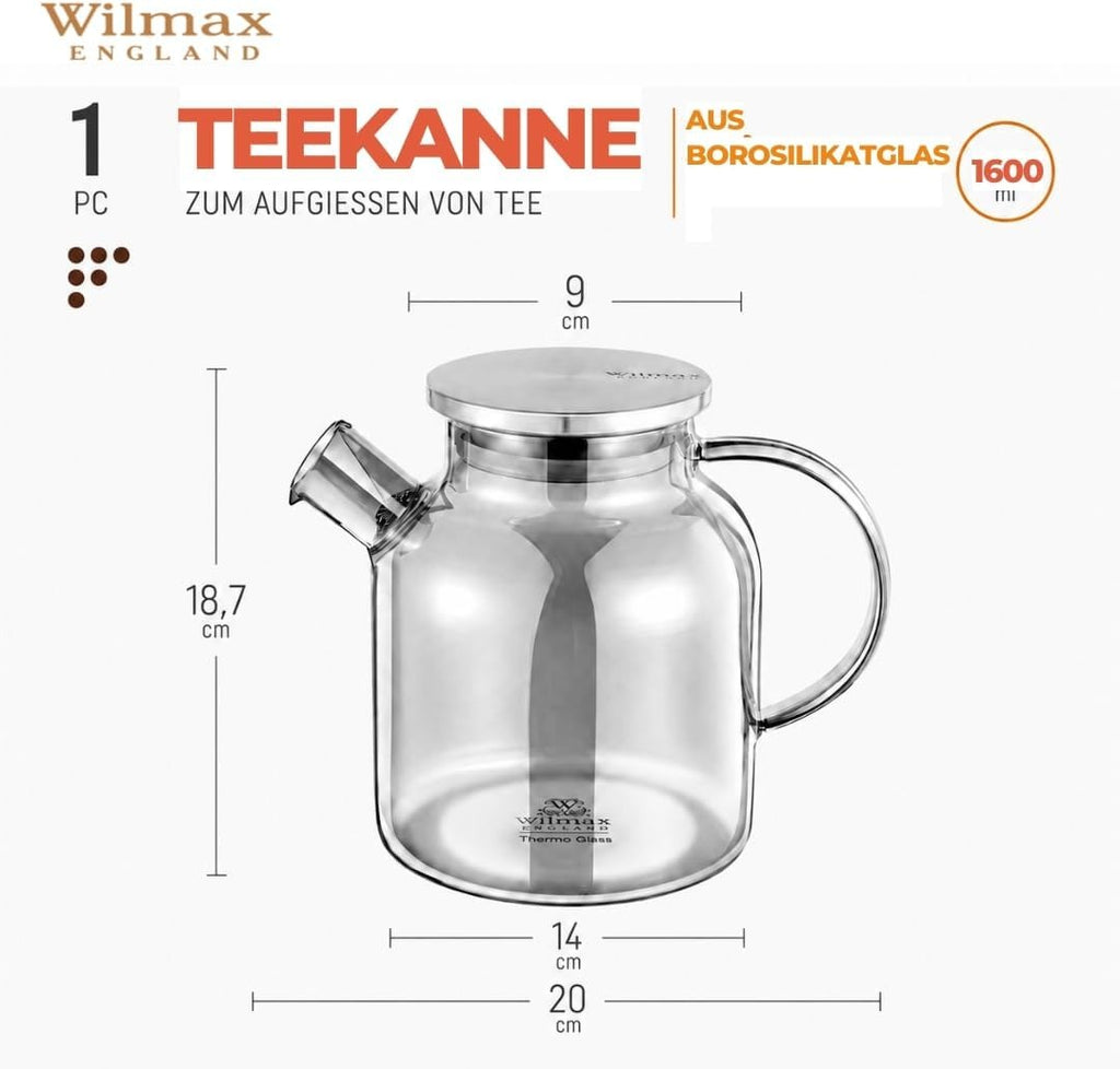 Wilmax Teekanne 1600 ml mit Federfilter und mit Edelstahldeckel Rauchgrau aus Thermoglas