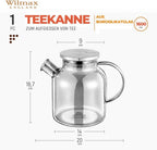 Wilmax Teekanne 1600 ml mit Federfilter und mit Edelstahldeckel Rauchgrau aus Thermoglas
