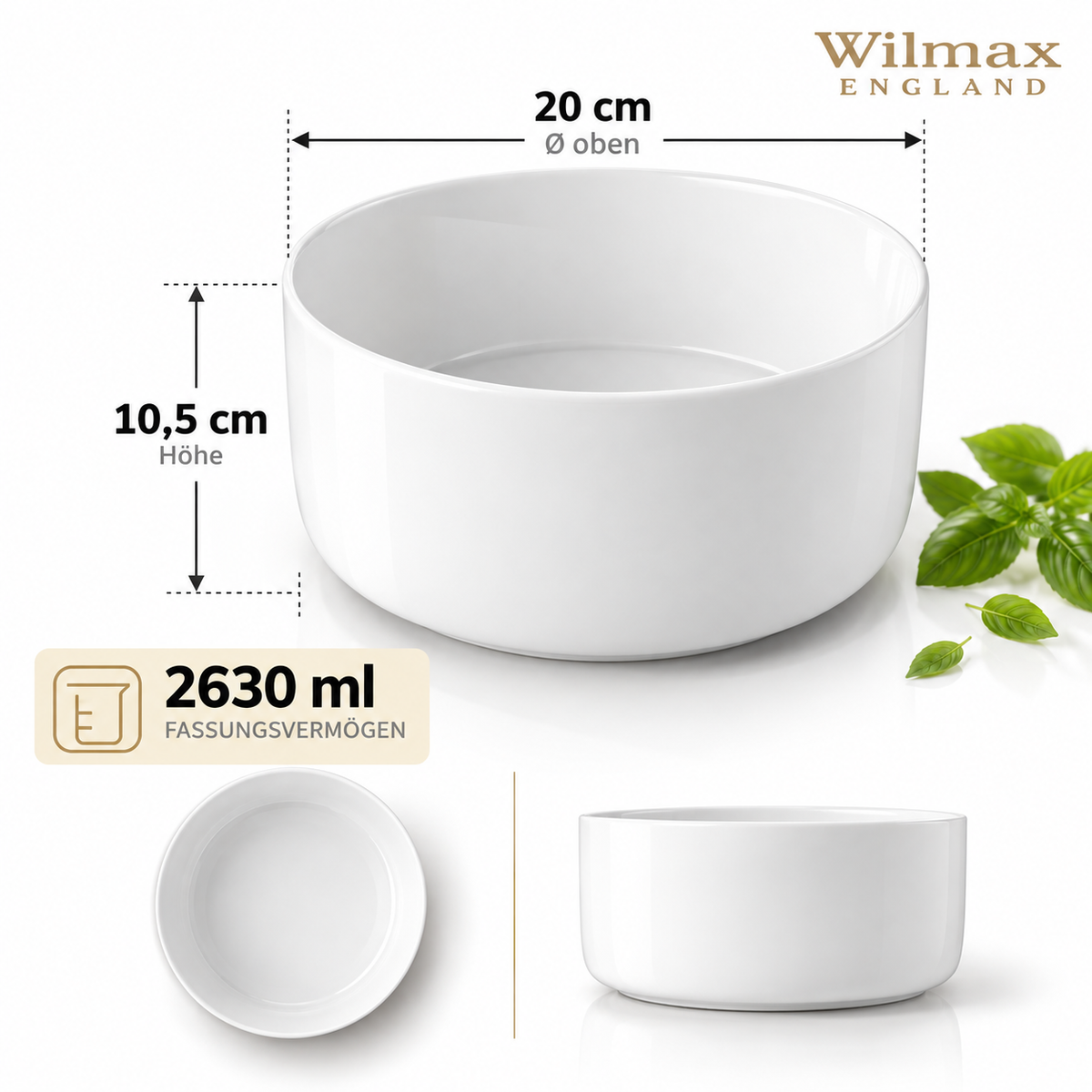 Wilmax Schale 20 cm 2630 ml Weiß aus Porzellan