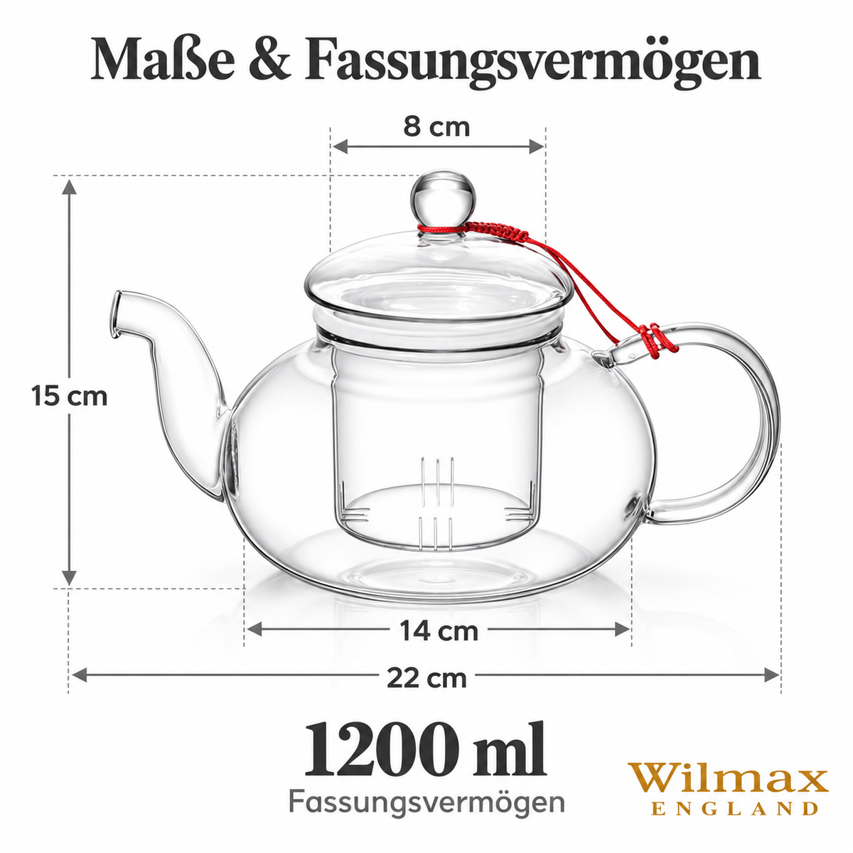Wilmax Teekanne 1200 ml mit Glasfilter Transparent aus Thermoglas