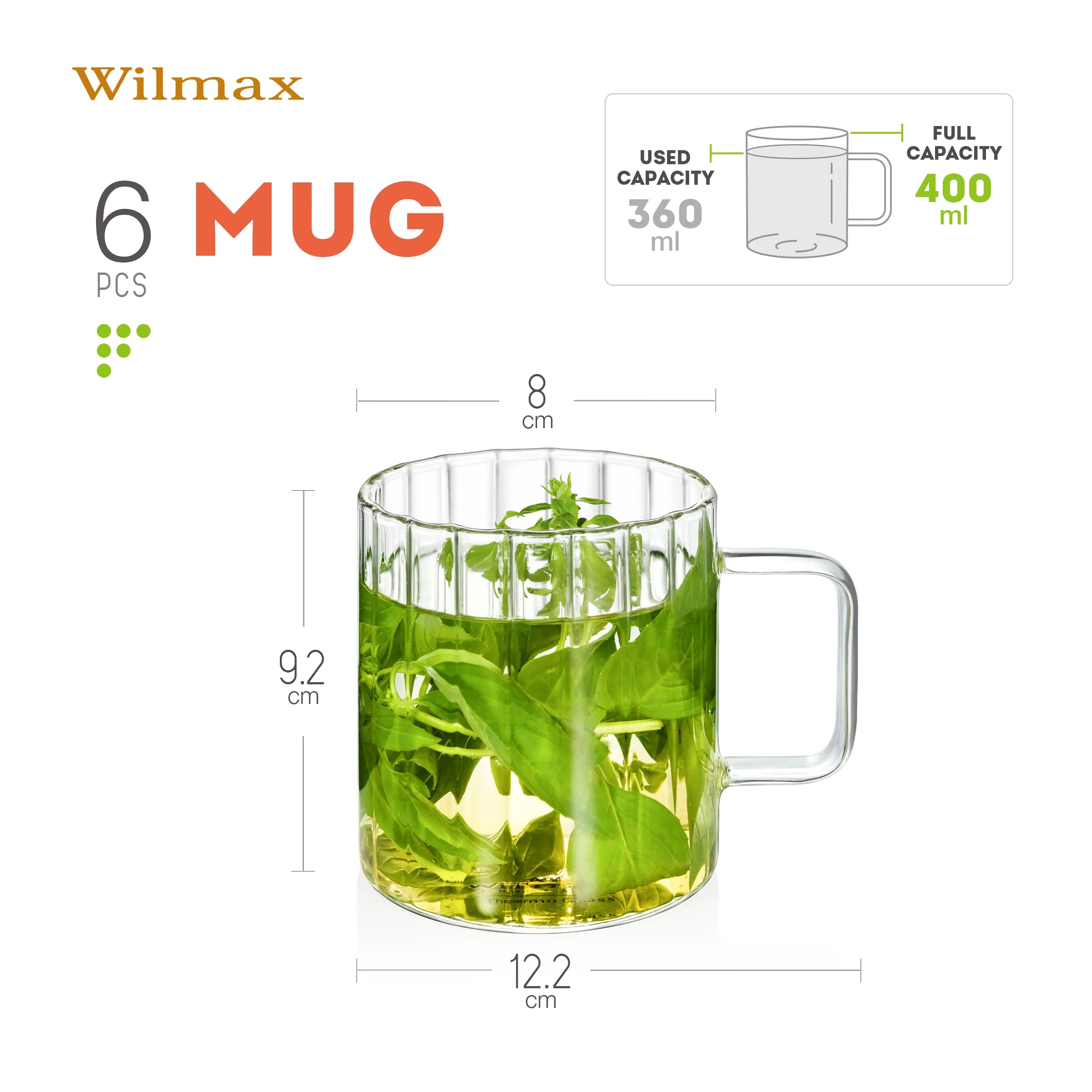 Wilmax Hitzebeständiger Glasbecher mit Henkel 400 ml Transparent aus Glas