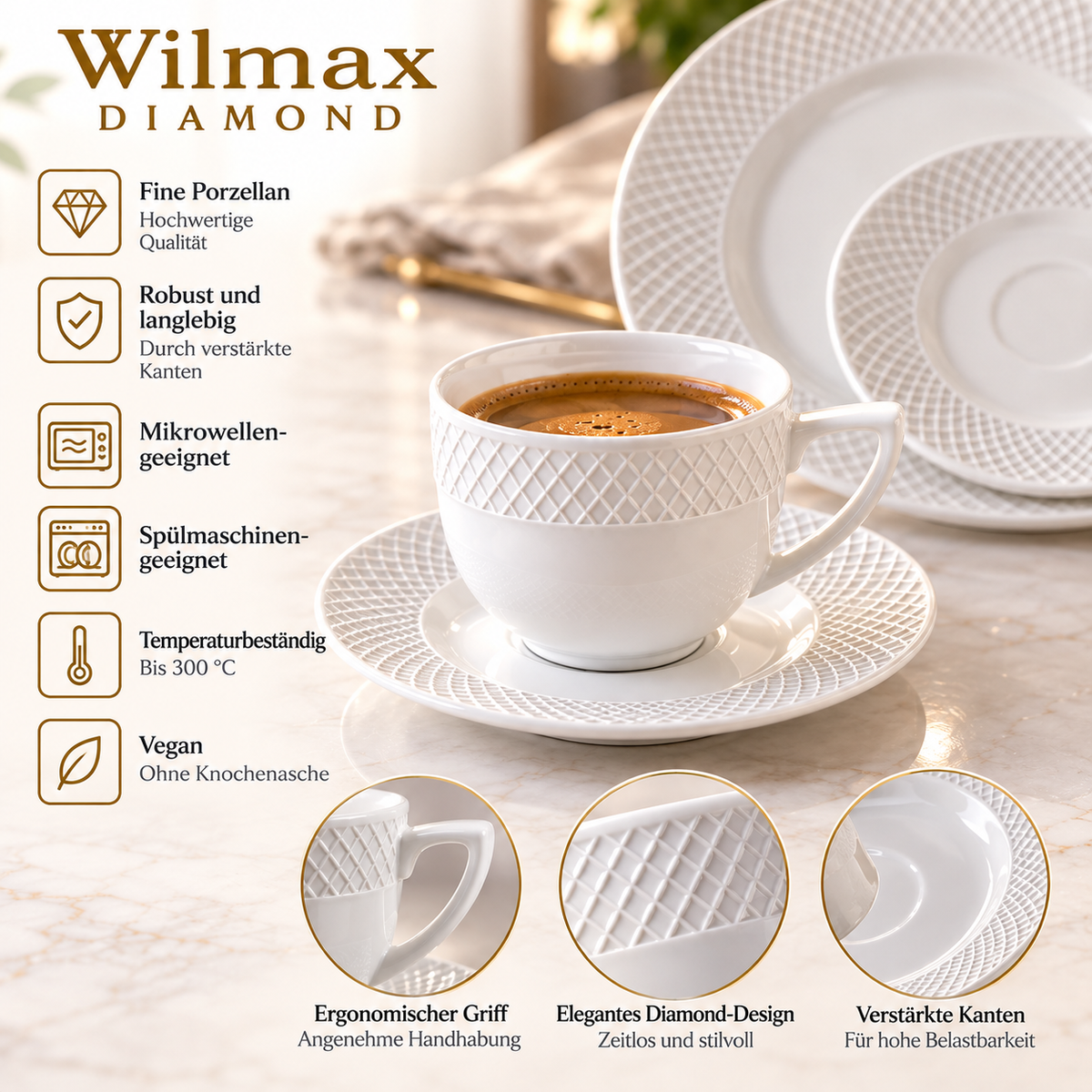 Wilmax Kaffeetassen mit Untertassen 90 ml 6er-Set Weiß aus Porzellan