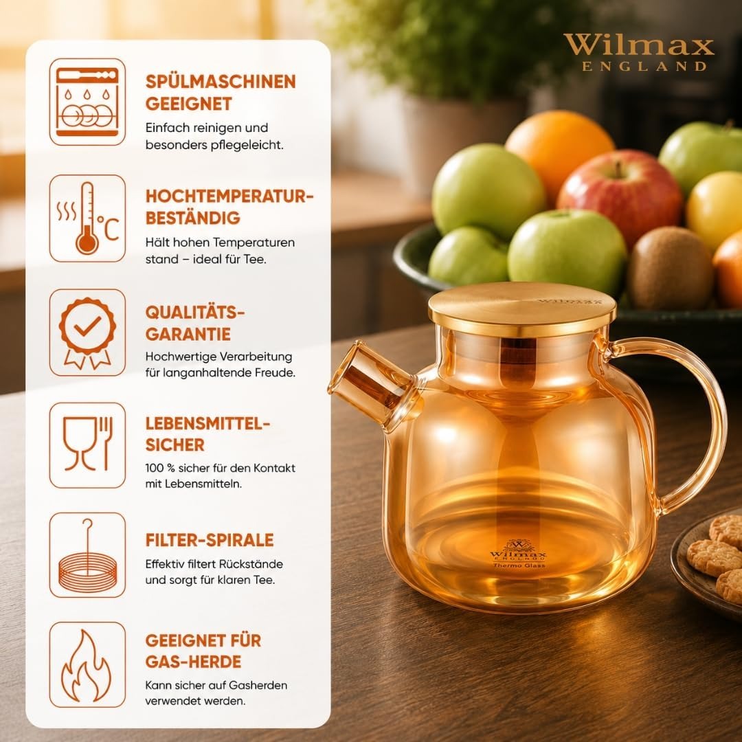 Wilmax Teekanne 1200 ml mit Federfilter und mit Edelstahldeckel Gold aus Thermoglas