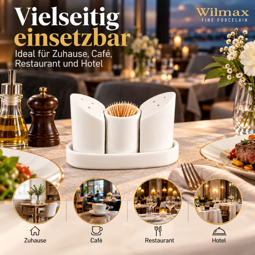 Wilmax Salz- und Pfefferstreuer-Set mit Tablett Weiß aus Porzellan