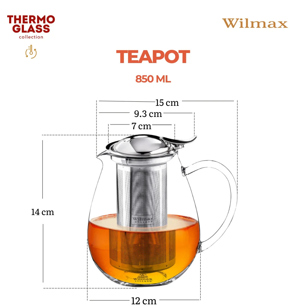Wilmax Teekanne 850 ml mit Edelstahlfilter Transparent aus Thermoglas