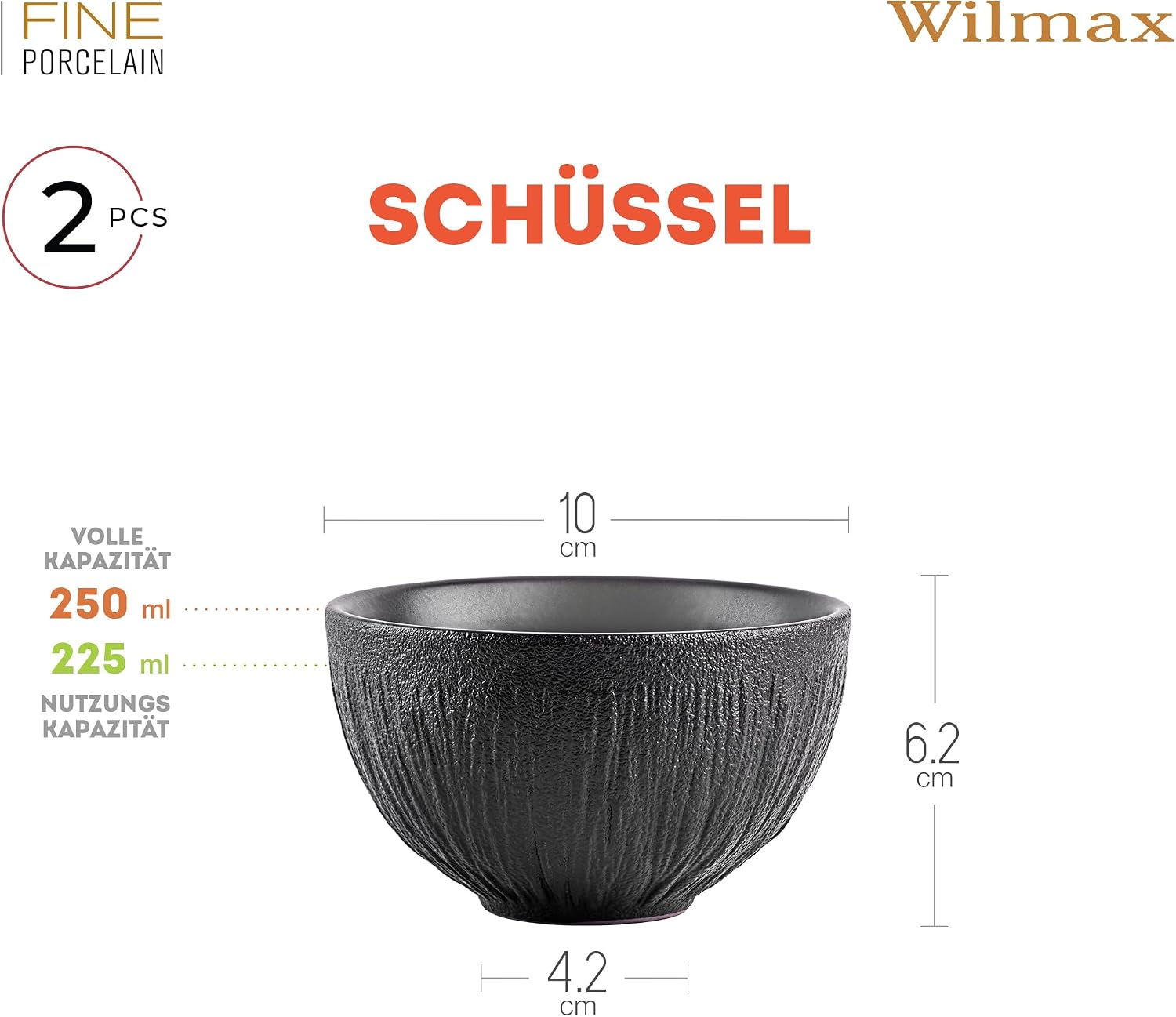 Wilmax Schale 250 ml 2er-Set Schwarz aus Porzellan