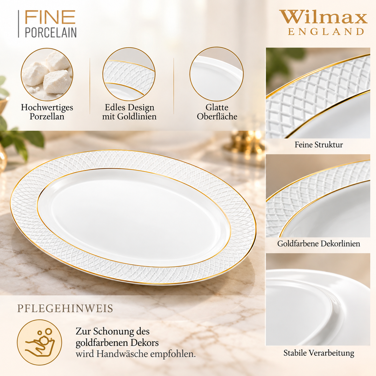 Wilmax Ovale Servierplatte 20 × 14 cm Weiß mit Goldlinien aus Porzellan