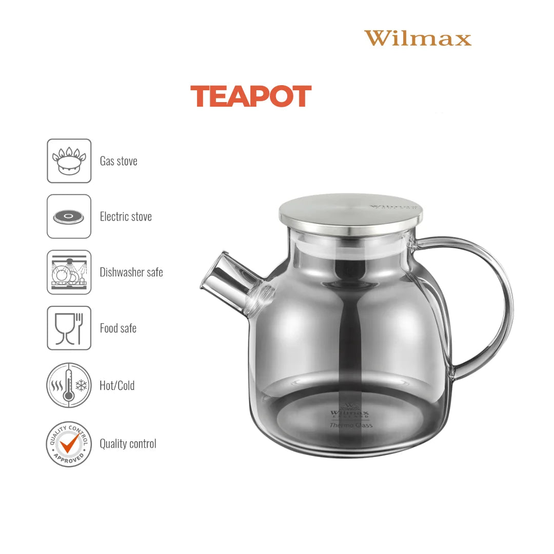 Wilmax Teekanne 1200 ml mit Federfilter und mit Edelstahldeckel Grau aus Thermoglas