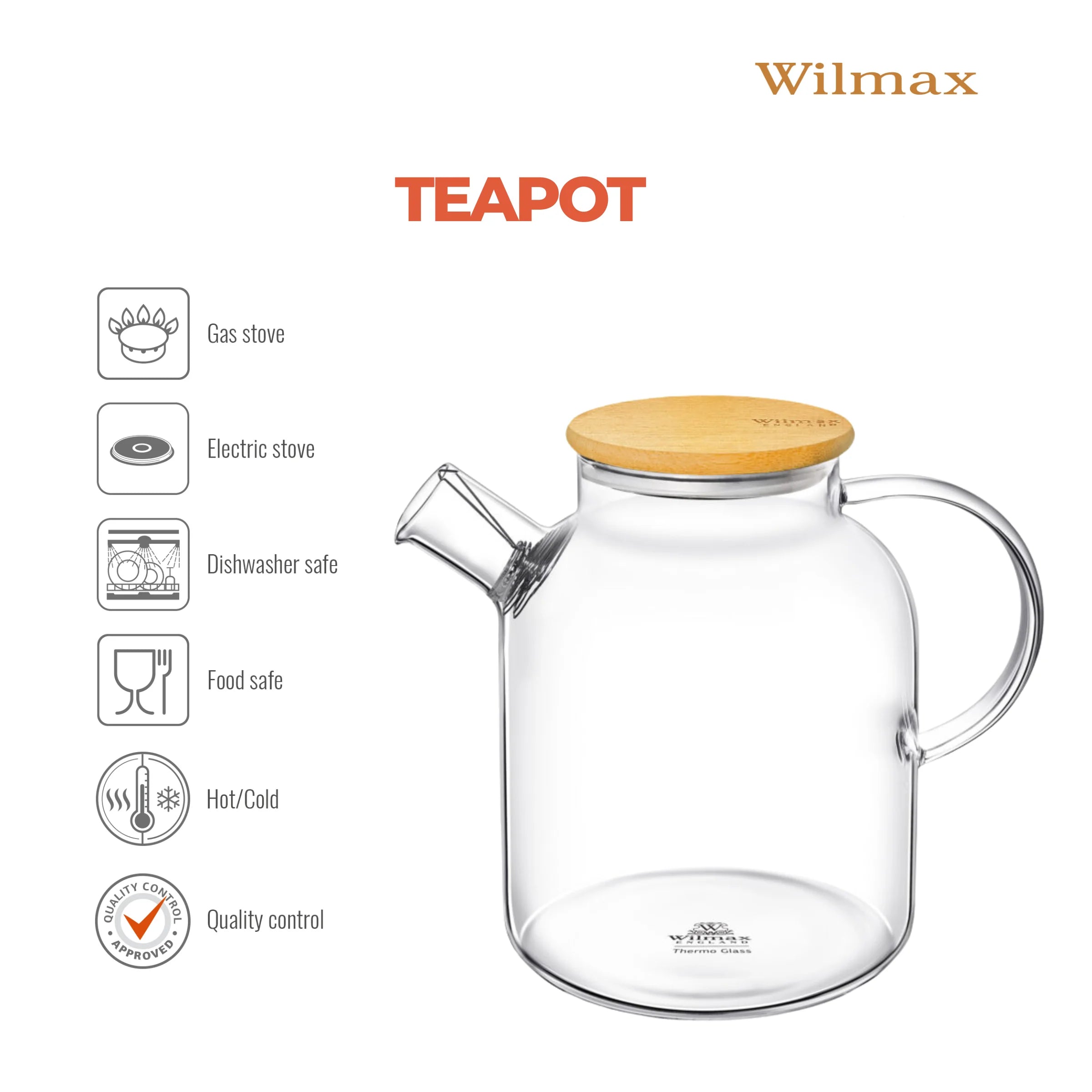 Wilmax Teekanne 1100 ml mit Edelstahlfilter Transparent aus Thermoglas