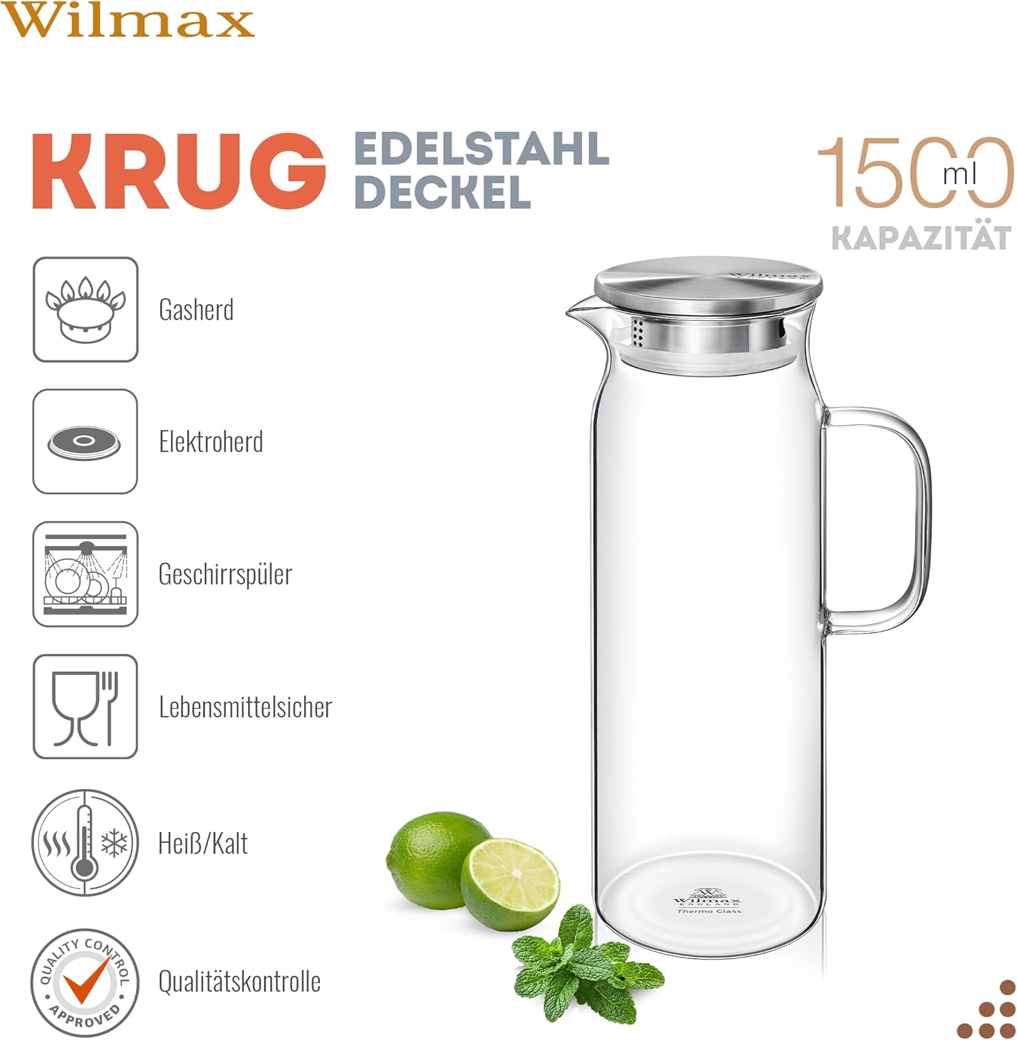 Wilmax Krug 1500 ml mit Edelstahldeckel und Filter Transparent aus Thermoglas